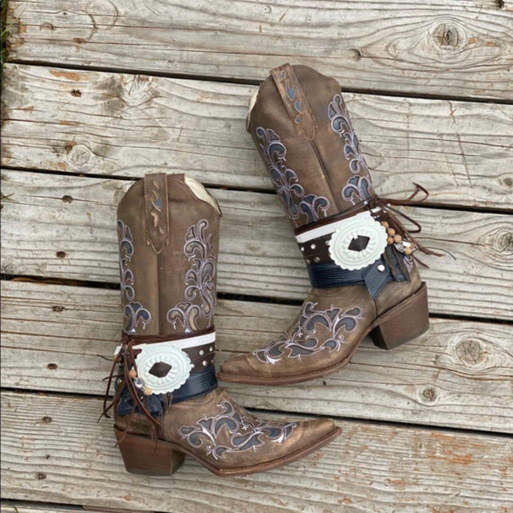Size 8.5 Brown Inlay Cowboy Boots Riding